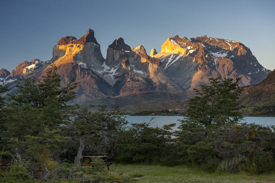 The image shows the spiky mountain peaks of Cuernos del Paine at Torres del Paine National Park, Chile.