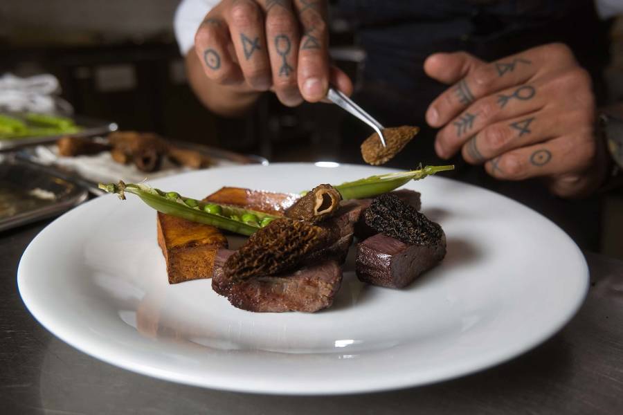 Dry-salted caribou with pommes fondant, morels, peas and banquet sauce