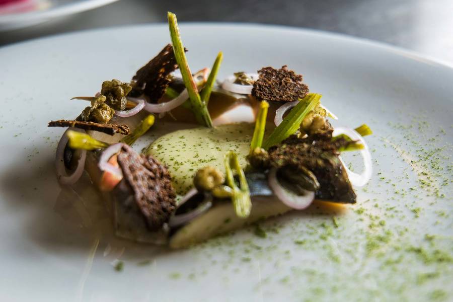 Greenlandic herring with pickled angelica, fried capers, shallots, rye bread chips and juniper crème