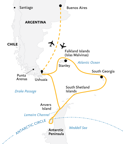 Epic Antarctica: Crossing the Circle via Falklands & South Georgia (Buenos Aires) (Itinerary Map)