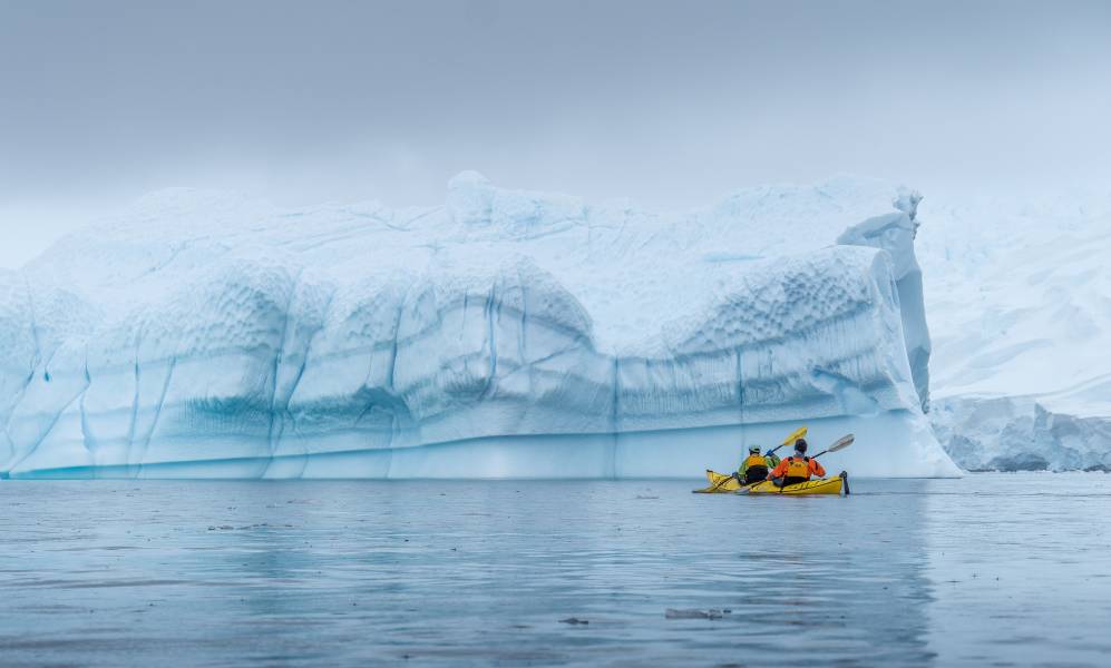 Two guests kayaking through frigid waters in Antarctica. A big iceberg can be seen in the background