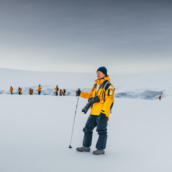 Passengers hiking in Antarctic Landscape
